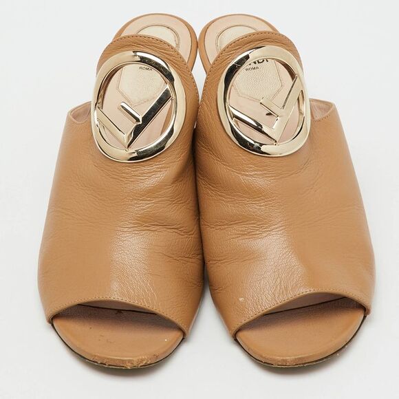 Fendi Beige Leather F Logo Open Toe Mules Size 37.5 - Picture 3 of 7